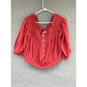 Free People Pink Puff Sleeve Ruched Blouse